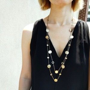 Long Gold Double Layered Hammered Disk and Circle Ring Necklace